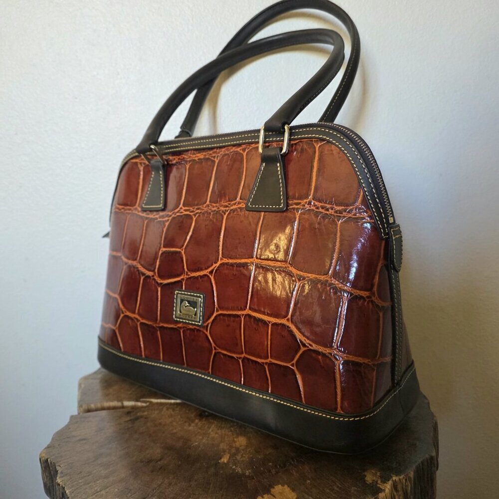 Dooney & Bourke Cognac Croco Embossed Leather Domed Satchel Bag - Picture 11 of 16